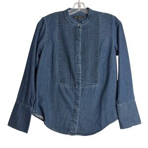 Banana Republic Denim Tuxedo Shirt Womens S Petite Dark Wash Blue Pleated‎